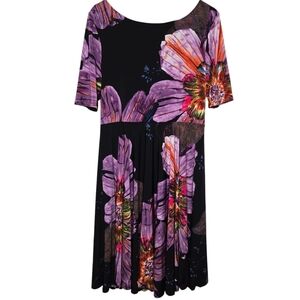 Marc Bouwer Anthropologie Black Purple Floral Fit Flare Midi Dress Size Large